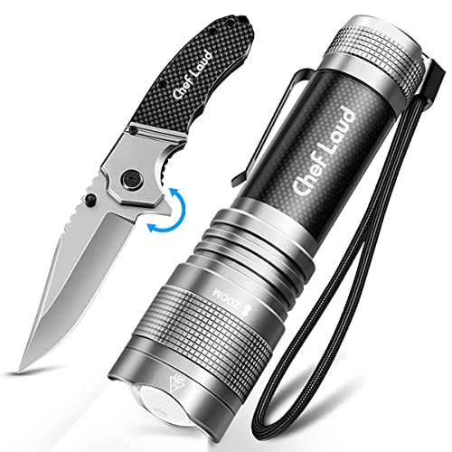 Cheflaud Cuchillo de Caza y Potente Juego de Linterna LED Cuchillo de Acero Inoxidable Linternas LED 5 Modos 500 LM Impermeable IPX4 Enfoque Ajustable portátil para Viajes, Camping, Taller, Hogar