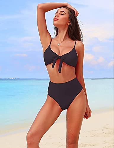 Conjunto de Bikini de Cintura Alta para Mujer Traje de Baño de Dos Piezas Traje de Baño de Nudo de Corbata de Guinga(Negro,L)