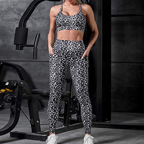 Conjunto Yoga de Ropa Deportiva Trajes de 2 Piezas Estampado Leggings Alta Cintura Elásticos y Sujetador Deportivo para Mujer Gym Fitness Running Yoga (Negro Leopardo, m)