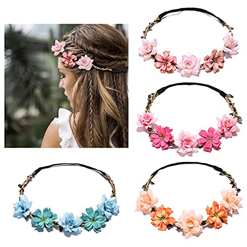 Corona de Flores, Diadema de Flor 4 Pack Mujeres Rose Hawaiian Luau Flower Seaside Flower Garland con Cinta Elástica Ajustable para Mujeres Chicas Fiesta Boda Playa