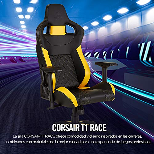 Corsair T1 Race - Silla de Polipiel Videojuegos (Fácil de Ensamblar, Giratoria Ergonómica, Altura Ajustable y Reposabrazos 4D, Asiento Ancho y Cómodo con Reclinador Alto) Jaune