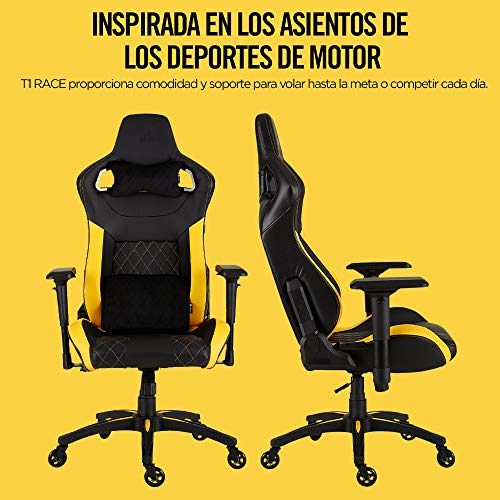 Corsair T1 Race - Silla de Polipiel Videojuegos (Fácil de Ensamblar, Giratoria Ergonómica, Altura Ajustable y Reposabrazos 4D, Asiento Ancho y Cómodo con Reclinador Alto) Jaune