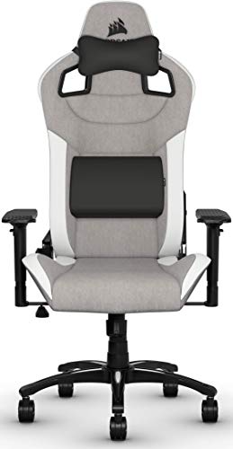 Corsair T3 Rush - Silla Tejido Poliéster de Videojuegos (Exterior de Tela Suave Transpirable, Almohada Cervical Ajustable, Soporte Lumbar, Reposabrazos 4D, Montaj Sencillo) Gris y Blanco