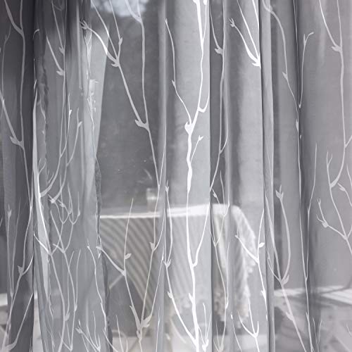 Cortinas de voile con cinta fruncida, cortinas transparentes para riel gris, cortina con diseño de ramas, para salón o dormitorio (juego de 2, 175 x 135 cm)