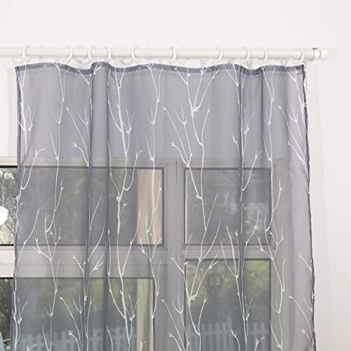 Cortinas de voile con cinta fruncida, cortinas transparentes para riel gris, cortina con diseño de ramas, para salón o dormitorio (juego de 2, 175 x 135 cm)