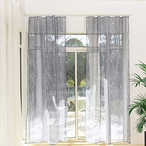 Cortinas de voile con cinta fruncida, cortinas transparentes para riel gris, cortina con diseño de ramas, para salón o dormitorio (juego de 2, 175 x 135 cm)