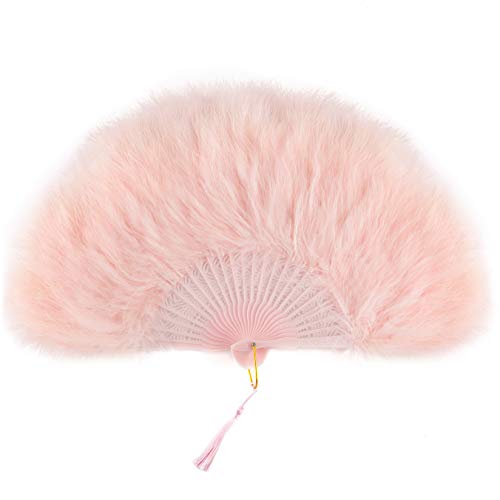 Coucoland Abanico de plumas de Marabou de los años 20, plegable con plumas, para fiesta de los años 20, color rosa