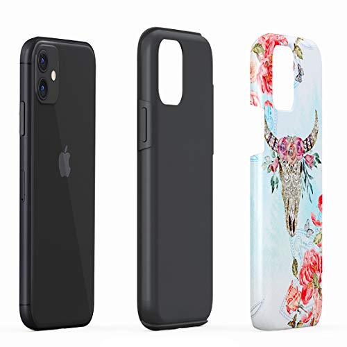 Cover Universe Funda para iPhone 11 Ornamented Wild Bull Skull with Red Rose Blossoms, Resistente a los Golpes, Carcasa Dura de PC de 2 Capas + Funda Protectora de Diseño Híbrido de TPU