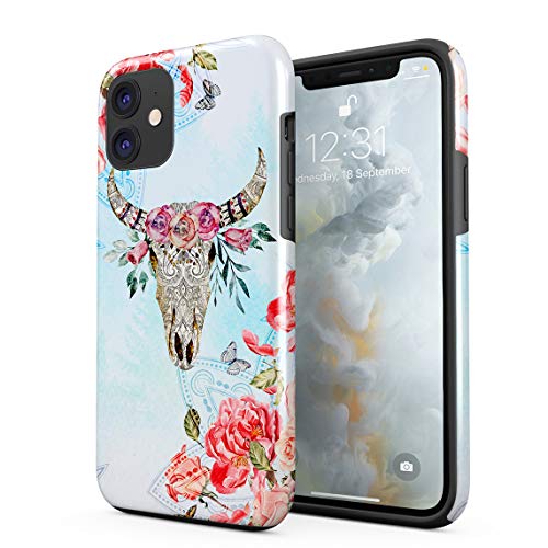 Cover Universe Funda para iPhone 11 Ornamented Wild Bull Skull with Red Rose Blossoms, Resistente a los Golpes, Carcasa Dura de PC de 2 Capas + Funda Protectora de Diseño Híbrido de TPU