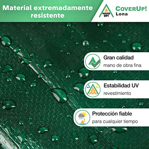 CoverUp! Lona Impermeable Exterior 4 x 4 m [120 g/m2] & Cuerda de 18 m, Lona de protección con Ojales para Muebles de jardín, Piscina, Coche, Resistente a la Rotura