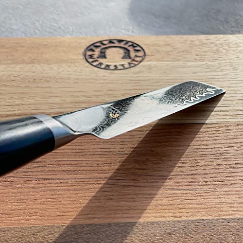 Cuchillo japonés de oficina Kai Shun Premier Tim Mälzer Minamo TMM-0700, ultrarafilado, acero de Damasco, tabla de cortar maciza de madera de barril antigua (roble) 25 x 15 cm