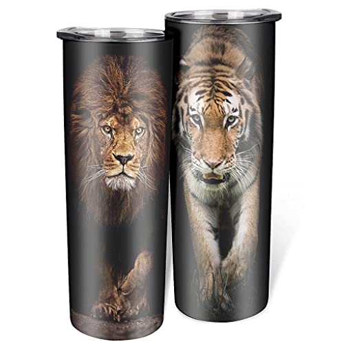 Cyliyuanye Lion Tiger - Vaso de acero inoxidable con paja aislante, taza de viaje, para casa, oficina, escuela, regalo, blanco, 600 ml