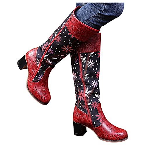 Dasongff Botas para mujer de tacón cuadrado vintage, bordadas, antideslizantes, suelos, cómodas, al aire libre, moteros, informales, para montar a caballo