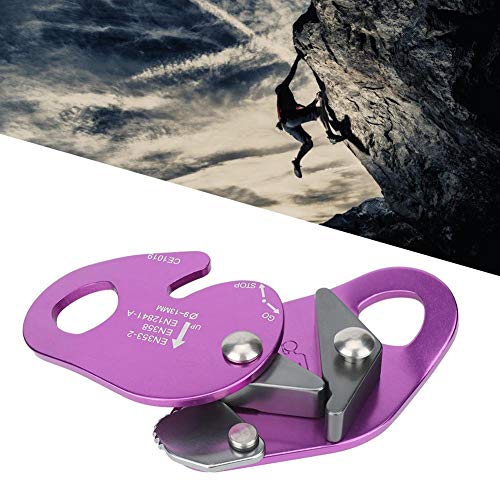 Descensor de Parada con Cuerda, frenado automático para Abrazadera de Cuerda de 9-13 mm Enganche de Rescate Anillo de rápel Equipo de Escalada Púrpura