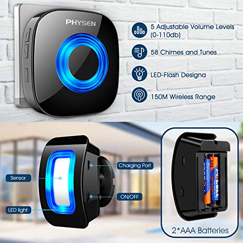 Detector de Movimiento por Infrarrojos con Detector de Alarma, Sistema de Alarma inalámbrico PHYSEN para Seguridad en el hogar, Rango de 120-150 M a 4-5 Mx110 °, 1 Detector de Movimiento y 1 Receptor