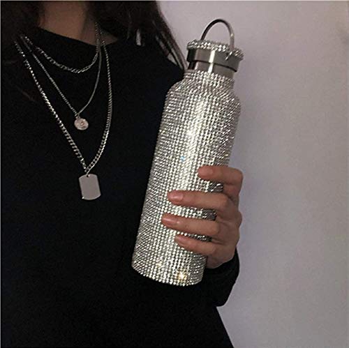 Diamond Thermos Water Bottle Rhinestone Thermos Cup,Diamond Vacuum Flask Sparkling High-end Insulated Bottle Stainless Steel with Lid (350ML)