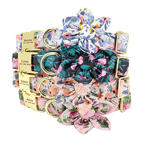 Didog Collar de Perro para niña con patrón Floral, Collares Grabados para Mascotas con Hebilla de Metal de liberación rápida y Placa de identificación Personalizada, Rosa, Talla S