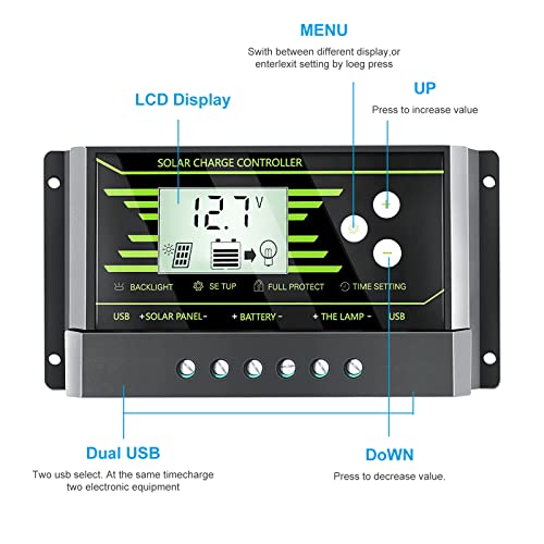 DIFCUL 20A Regulador de carga solar 12V/24V Panel Solar Inteligente Controlador de Carga con Pantalla LCD para Panel Solar, Lámpara.