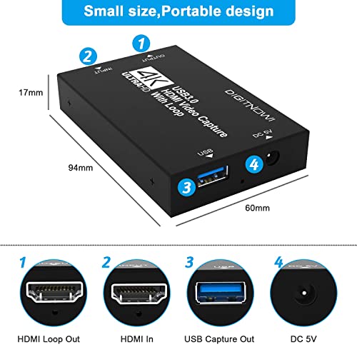 DIGITNOW!Tarjeta de Captura,Captura a 1080p60, 4k Capturadora de Vídeo HDMI USB 3.0 Dispositivo,Full HD 1080P para PS5, PS4, Xbox Series X/S, Xbox One, Nintendo Switch