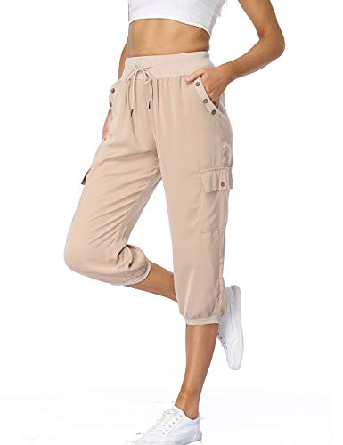 Dilgul Pantalones Mujer 3/4 Pantalones de Deporte Casual Recortados Elásticos Yoga Running Jogger Fitness Pantalones Chandal con Bolsillo Albaricoque Medium