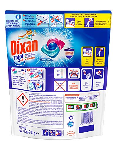 Dixan Total 3+1 Detergente en Cápsulas para Lavadora (60 lavados), jabón para ropa blanca y clara, limpieza, luminosidad y frescor en un único detergente para lavadora