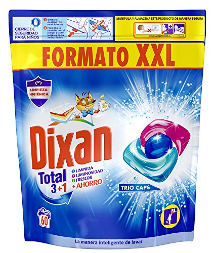 Dixan Total 3+1 Detergente en Cápsulas para Lavadora (60 lavados), jabón para ropa blanca y clara, limpieza, luminosidad y frescor en un único detergente para lavadora