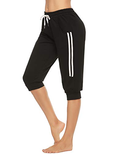 Doaraha Pantalones Piratas Mujer 100% Algodón 3/4 Pantalones Deporte Casual Pantalón Capri Pantalones Chandal con Cordón para Yoga,Correr,Fitness,Danza,Running