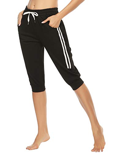 Doaraha Pantalones Piratas Mujer 100% Algodón 3/4 Pantalones Deporte Casual Pantalón Capri Pantalones Chandal con Cordón para Yoga,Correr,Fitness,Danza,Running