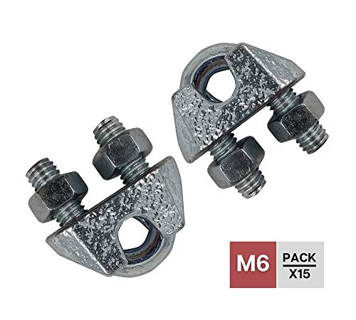 DOJA Industrial | SUJETACABLES ACERO para cuerda tender ropa M6 | PACK 15 | PERRILLOS para cable de acero del tendedero exterior | Abrazaderas para cable acero | SUJETA CABLES acero cuerda tendedero