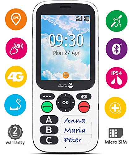 Doro 780X Teléfono Móvil 4G Dual SIM para Mayores con Teclado Simplificado, Botón de Asistencia, GPS y Base de Carga Ideal para Pérdida de Memoria [Versión Española y Portuguesa] (Blanco)