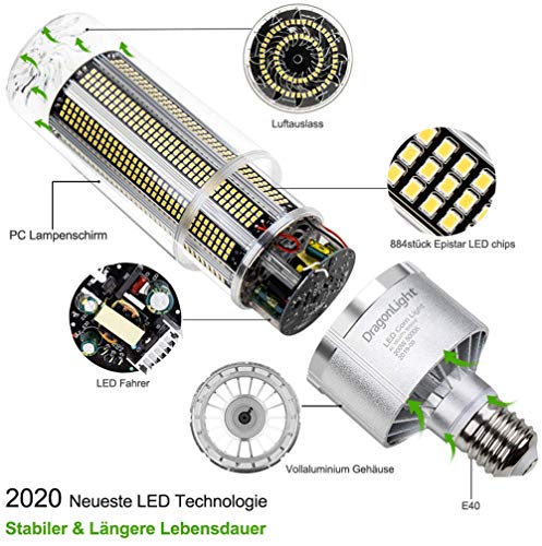 DragonLight Bombilla LED de 200 W superbrillante de maíz (equivalente a 1200 W) – E40 Edison LED 5000 K blanco frío 27000 lúmenes para iluminación de gran área – Garajes, taller, patio [2021]