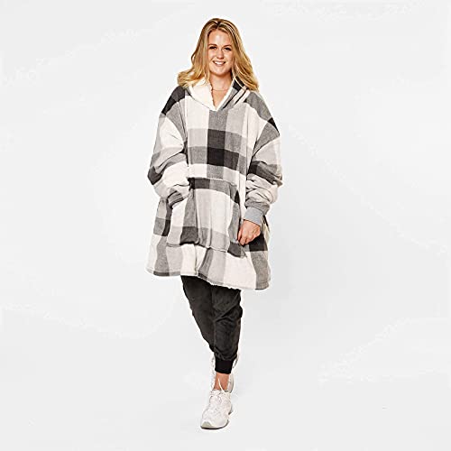 Dreamscene Manta de Invierno con Capucha y Forro Polar Sherpa de Gran tamaño, para Llevar, Suave, cálida, cálida y térmica, para Adultos, Talla única, Gris y Blanco