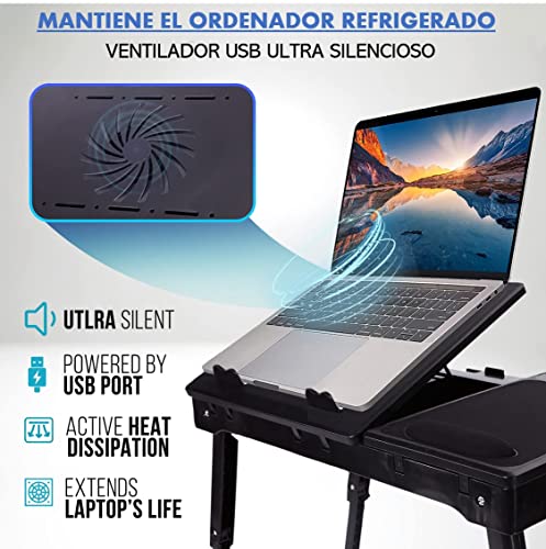 DUMALD- Mesa Plegable portatil Ordenador - Mesa para Cama. Ventilador USB, Luz LED & Alturas Ajustables. Mesa Plegable Sofa - Soporte portatil Cama, Soporte portatil Sofa, Mesa para portatil Cama