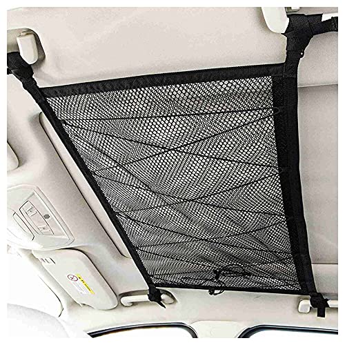 Duyifan Car Ceiling Cargo Net Pocket, Car Roof Storage Mesh Bag, Adjustable Double-Layer Mesh with Zipper Buckle, Draw The Rope to Increase The Bearing Capacity