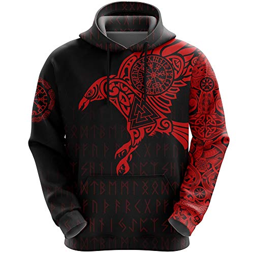 East Sudadera con capucha para hombre, estilo vikingo nórdico, estampado en 3D, cuervo de Odin Valknut Vegvisir Rune Triángulo Valknut manga larga con bolsillos con capucha, color rojo, L