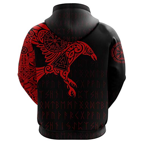 East Sudadera con capucha para hombre, estilo vikingo nórdico, estampado en 3D, cuervo de Odin Valknut Vegvisir Rune Triángulo Valknut manga larga con bolsillos con capucha, color rojo, L