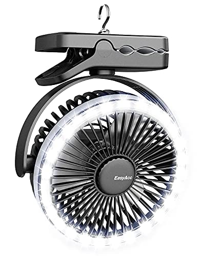 EasyAcc Ventilador de camping con 4 velocidades, luces LED, gancho duradero de 6-20H, rotación de 360 ° para exteriores, camping, cochecitos y hogar, Negro