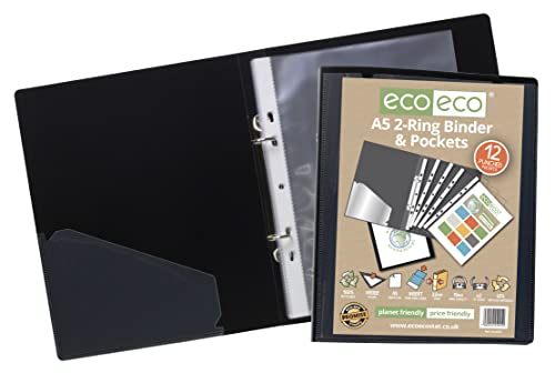 eco-eco A5 65% Reciclada 2-O Anillos Negro Carpeta de Anillas de Color Presentación con 12 Bolsillos de Múltiples Perforadas (eco045)