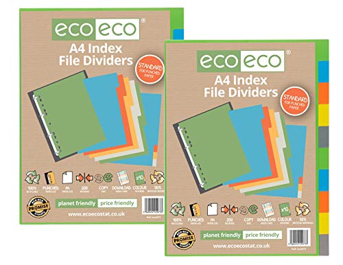 eco-eco Juego de 2 separadores de archivos, tamaño A4, 50% reciclados, multiperforados, 10 unidades, 200 g/m²