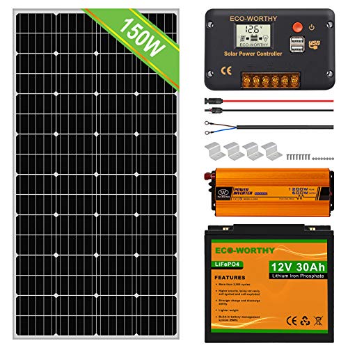 ECO-WORTHY 150W 0.6KWH / día 12V Off Grid Kit completo de sistema de energía solar: Panel solar de 150W + Controlador de carga LCD de 20A + Batería de litio de 30AH 12V + Inversor de 600W