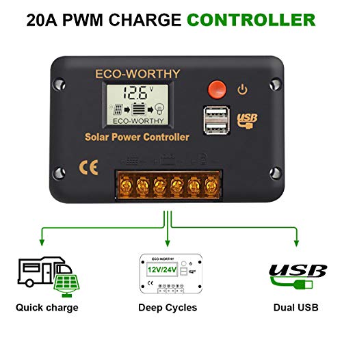 ECO-WORTHY 150W 0.6KWH / día 12V Off Grid Kit completo de sistema de energía solar: Panel solar de 150W + Controlador de carga LCD de 20A + Batería de litio de 30AH 12V + Inversor de 600W