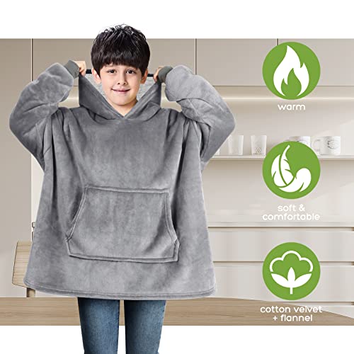 Ecomono Manta Sudadera con Capucha para Niños Unisexo Cálida y Acogedora Invierno Manta Sudadera Reversible Uso Puño Elástico Manta con Capucha Portátil con Bolsillo Frontal Amplio de 6~12 años, Gris