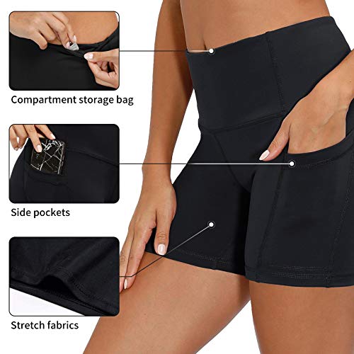 EDOTON Pantalones Cortos Deportivo para Mujer, Running Pantalón Corto Mujer de Yoga con Bolsillo Lateral, Control de Barriga, Fitness Pantalones de Deporte, Cintura Alta Gimnasio Ropa (Negro, L)