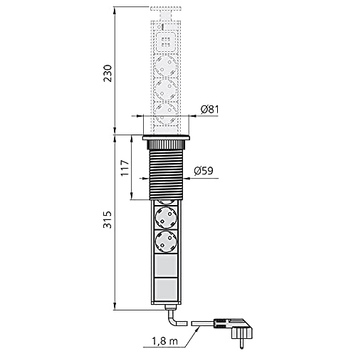 Emuca - Regleta multienchufe retráctil con 3 enchufes schuko EU y 2 Puertos USB, Torre de enchufes Vertical empotrable para encimera de Cocina o Escritorio