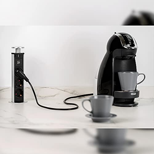 Emuca - Regleta multienchufe retráctil con 3 enchufes schuko EU y 2 Puertos USB, Torre de enchufes Vertical empotrable para encimera de Cocina o Escritorio