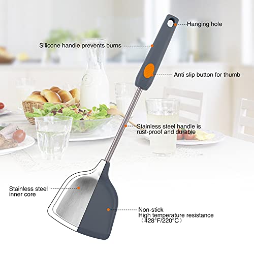 EooCoo Utensilios Cocina de Silicona, 8 Piezas 428°F Resistentes al Calor Juego de Espátula, Varillas Cocina, Pinzas de Cocina, Pincel, Cazo de Sopa, Soportes de Utensilios - Gris