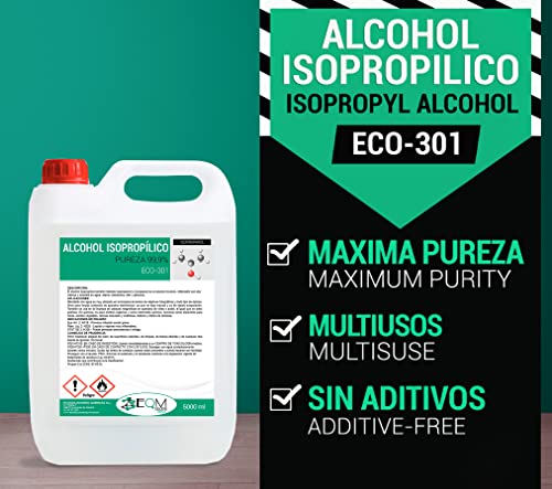 EQM SOLUCIONES QUÍMICAS | ECO-301 | 2 x 5L | Alcohol Isopropílico 99,9% Pureza | Limpieza componentes electrónicos, objetivos, pantallas | Desinfección y limpieza de superficies | Secado rápido