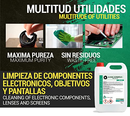 EQM SOLUCIONES QUÍMICAS | ECO-301 | 2 x 5L | Alcohol Isopropílico 99,9% Pureza | Limpieza componentes electrónicos, objetivos, pantallas | Desinfección y limpieza de superficies | Secado rápido