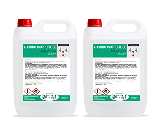 EQM SOLUCIONES QUÍMICAS | ECO-301 | 2 x 5L | Alcohol Isopropílico 99,9% Pureza | Limpieza componentes electrónicos, objetivos, pantallas | Desinfección y limpieza de superficies | Secado rápido