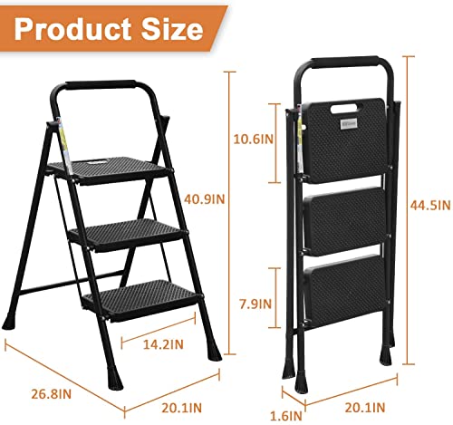 Escalera 3 Peldaños Taburete Plegable con Pedal Ancho Antideslizante, Agarre Conveniente, Taburete Portátil de Acero Ligero de 228 KG, para Cocinas, Casa, Exteriores